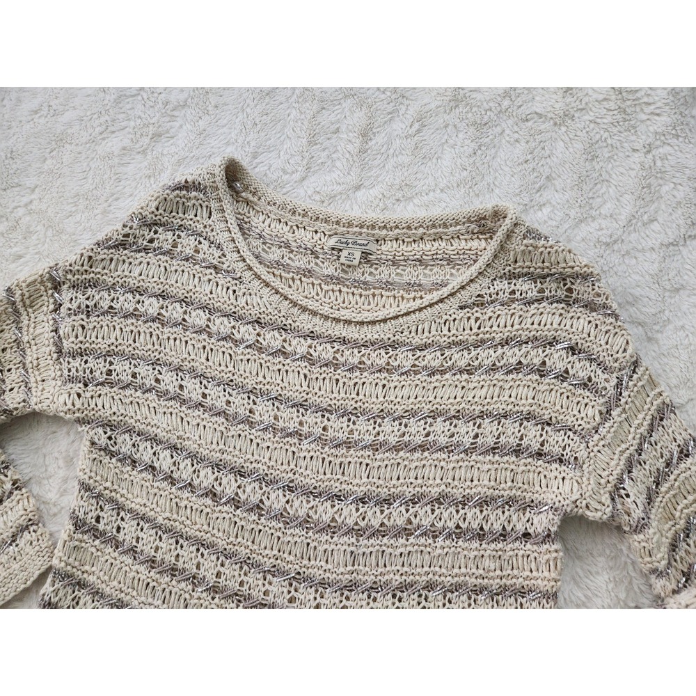 Lucky Brand‎ Womens Sweater Tan Metallic Open Heavy Knit Top Tan 3/4 Sleeve XS